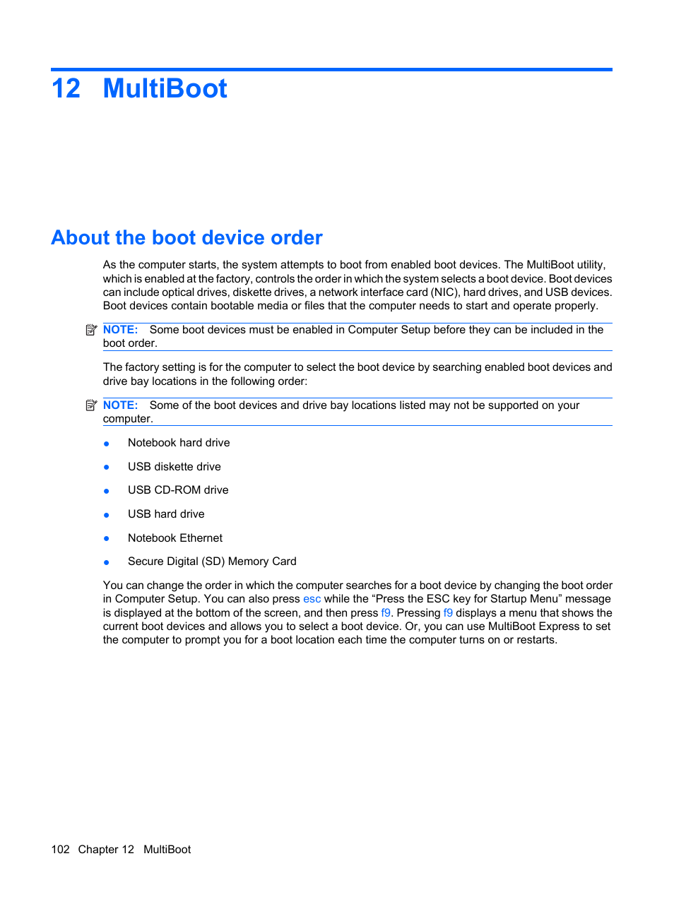 Multiboot, About the boot device order, 12 multiboot | HP Mini 5102 User Manual | Page 112 / 131