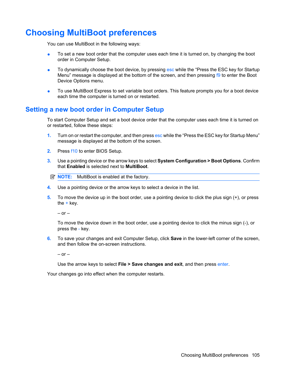 Choosing multiboot preferences, Setting a new boot order in computer setup | HP Mini 5102 User Manual | Page 115 / 131