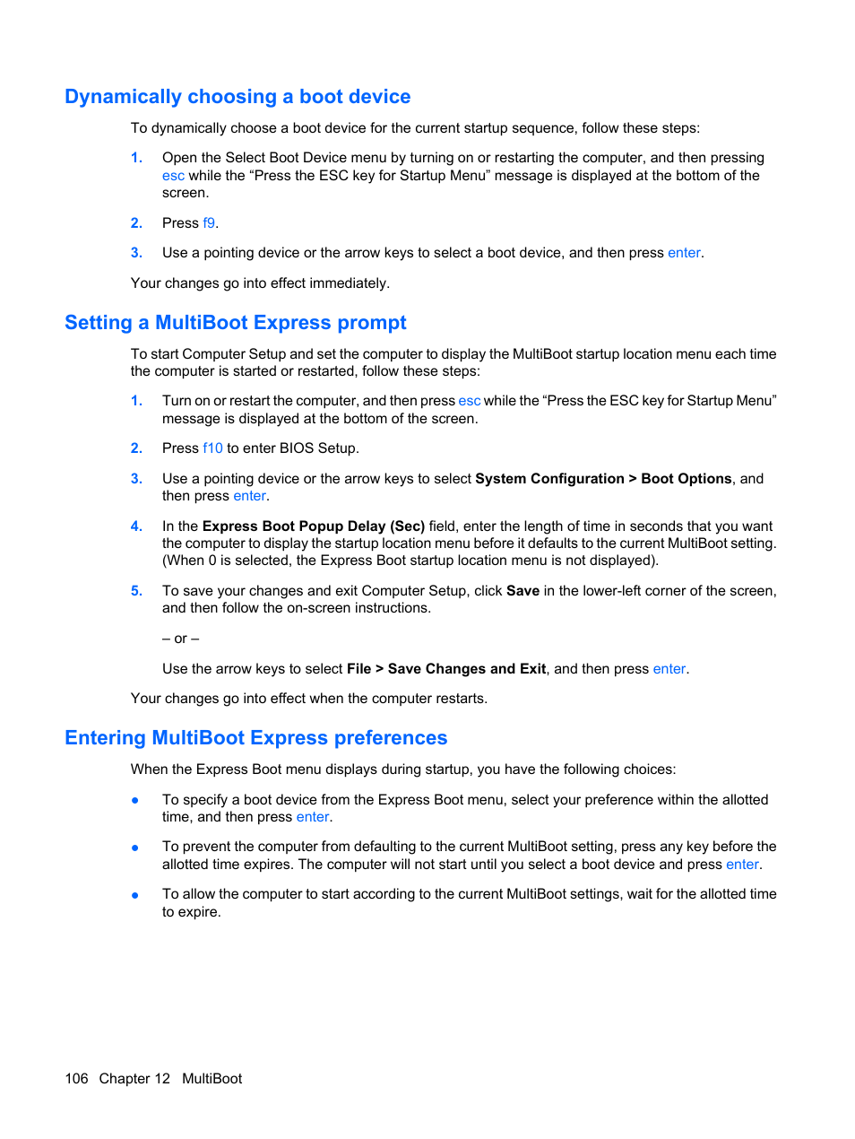 Dynamically choosing a boot device, Setting a multiboot express prompt, Entering multiboot express preferences | HP Mini 5102 User Manual | Page 116 / 131