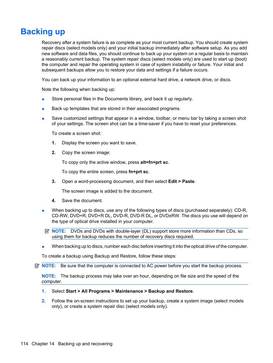 Backing up | HP Mini 5102 User Manual | Page 124 / 131