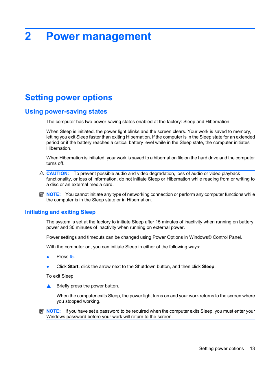 Power management, Setting power options, Using power-saving states | Initiating and exiting sleep, 2 power management, 2power management | HP Mini 5102 User Manual | Page 23 / 131