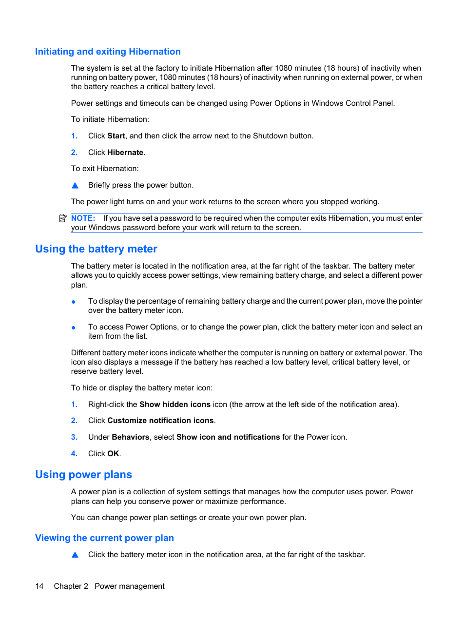 Initiating and exiting hibernation, Using the battery meter, Using power plans | Viewing the current power plan, Using the battery meter using power plans | HP Mini 5102 User Manual | Page 24 / 131