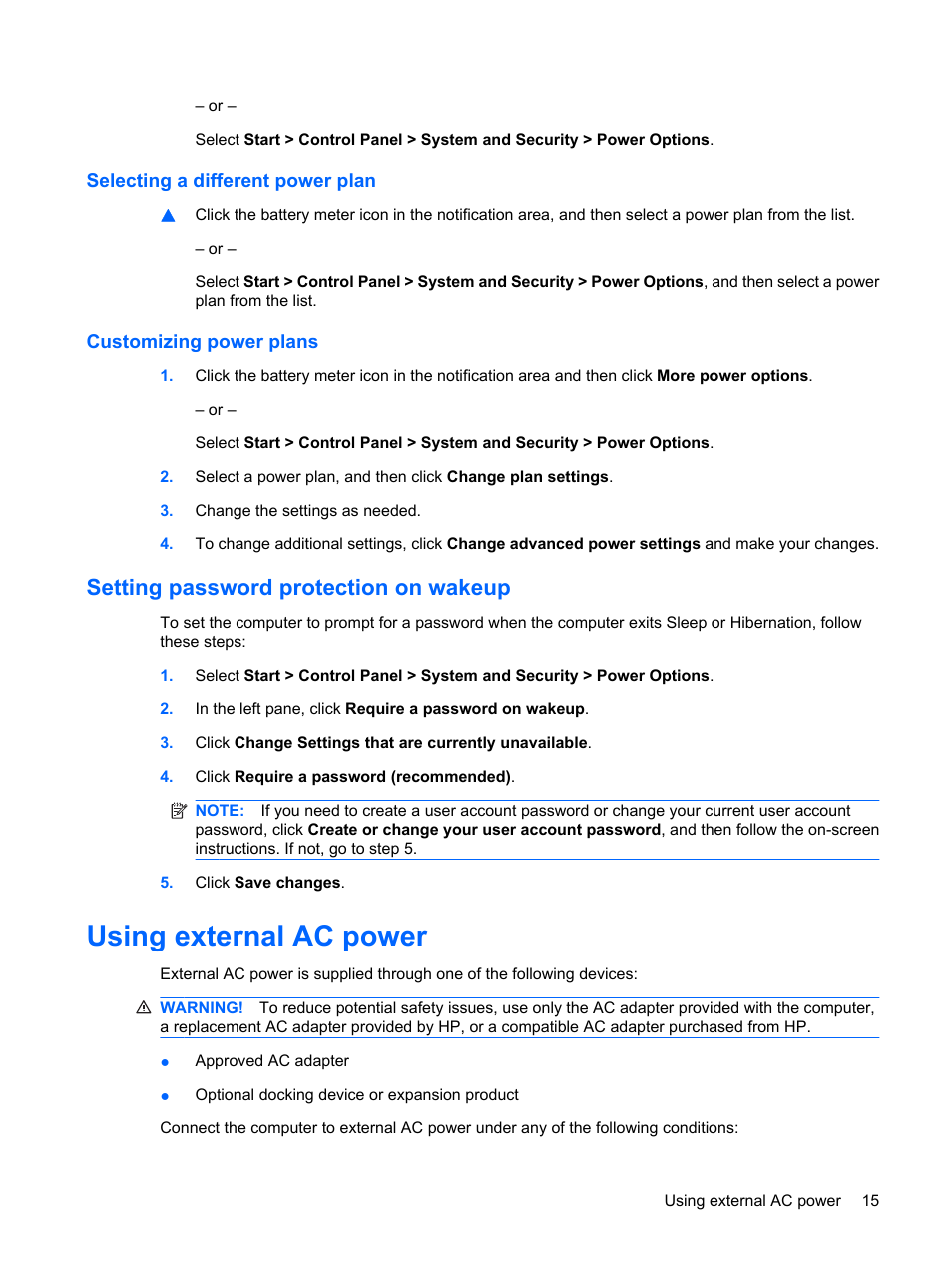 Selecting a different power plan, Customizing power plans, Setting password protection on wakeup | Using external ac power | HP Mini 5102 User Manual | Page 25 / 131