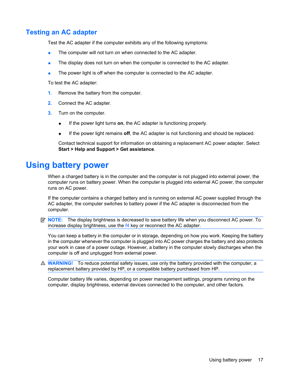 Testing an ac adapter, Using battery power | HP Mini 5102 User Manual | Page 27 / 131