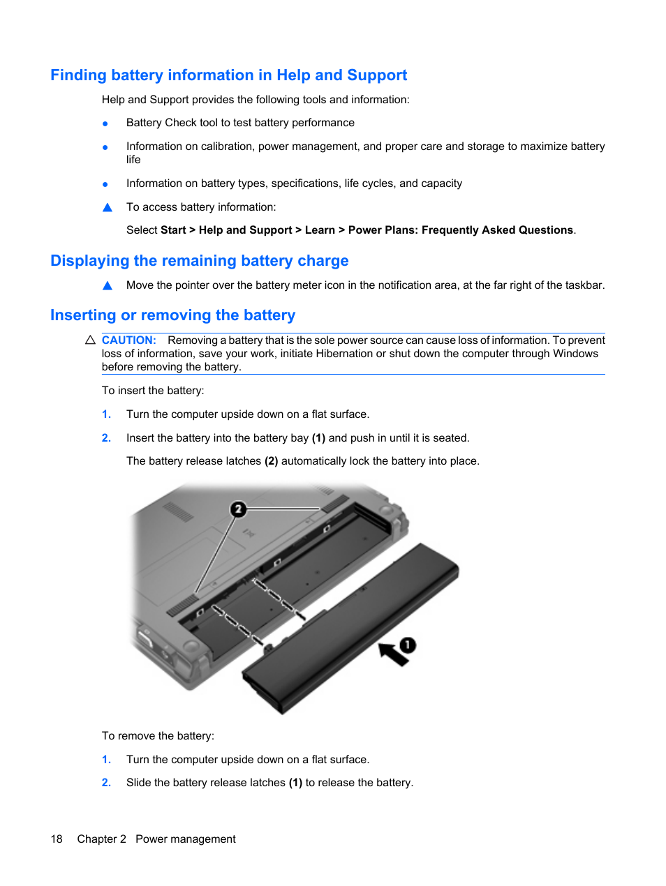 Finding battery information in help and support, Displaying the remaining battery charge, Inserting or removing the battery | HP Mini 5102 User Manual | Page 28 / 131