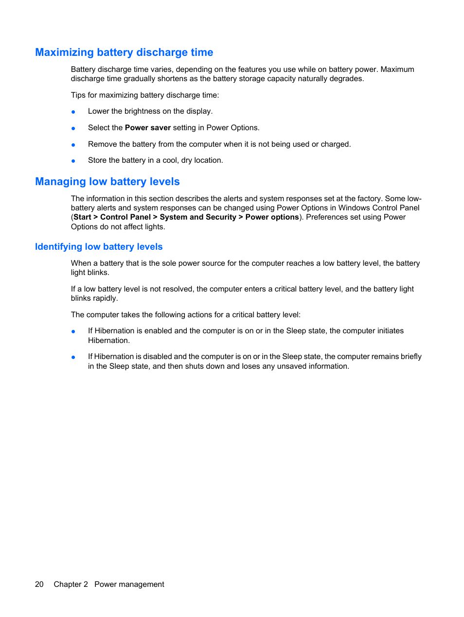 Maximizing battery discharge time, Managing low battery levels, Identifying low battery levels | HP Mini 5102 User Manual | Page 30 / 131