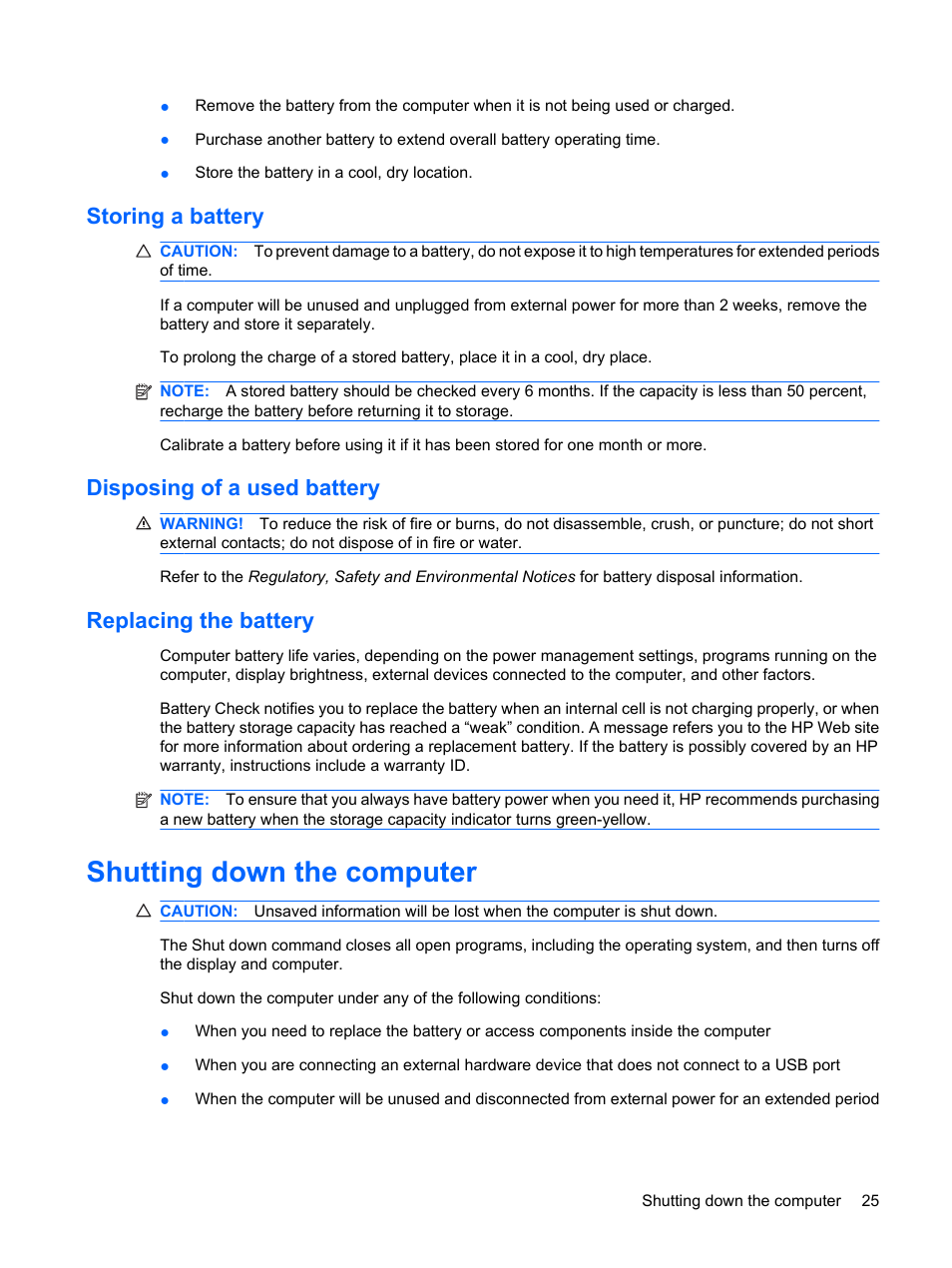 Storing a battery, Disposing of a used battery, Replacing the battery | Shutting down the computer | HP Mini 5102 User Manual | Page 35 / 131