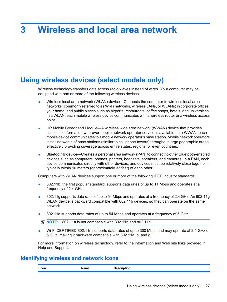 Wireless and local area network, Using wireless devices (select models only), Identifying wireless and network icons | 3 wireless and local area network, 3wireless and local area network | HP Mini 5102 User Manual | Page 37 / 131