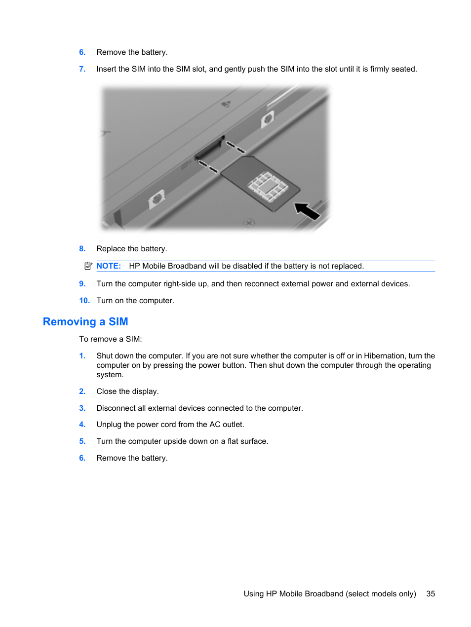 Removing a sim | HP Mini 5102 User Manual | Page 45 / 131