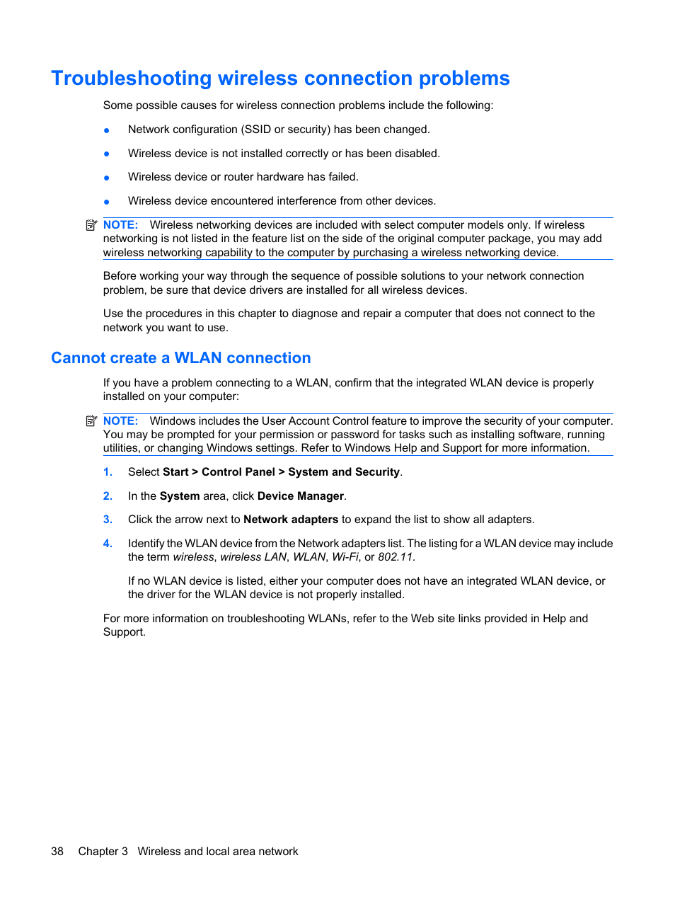 Troubleshooting wireless connection problems, Cannot create a wlan connection | HP Mini 5102 User Manual | Page 48 / 131