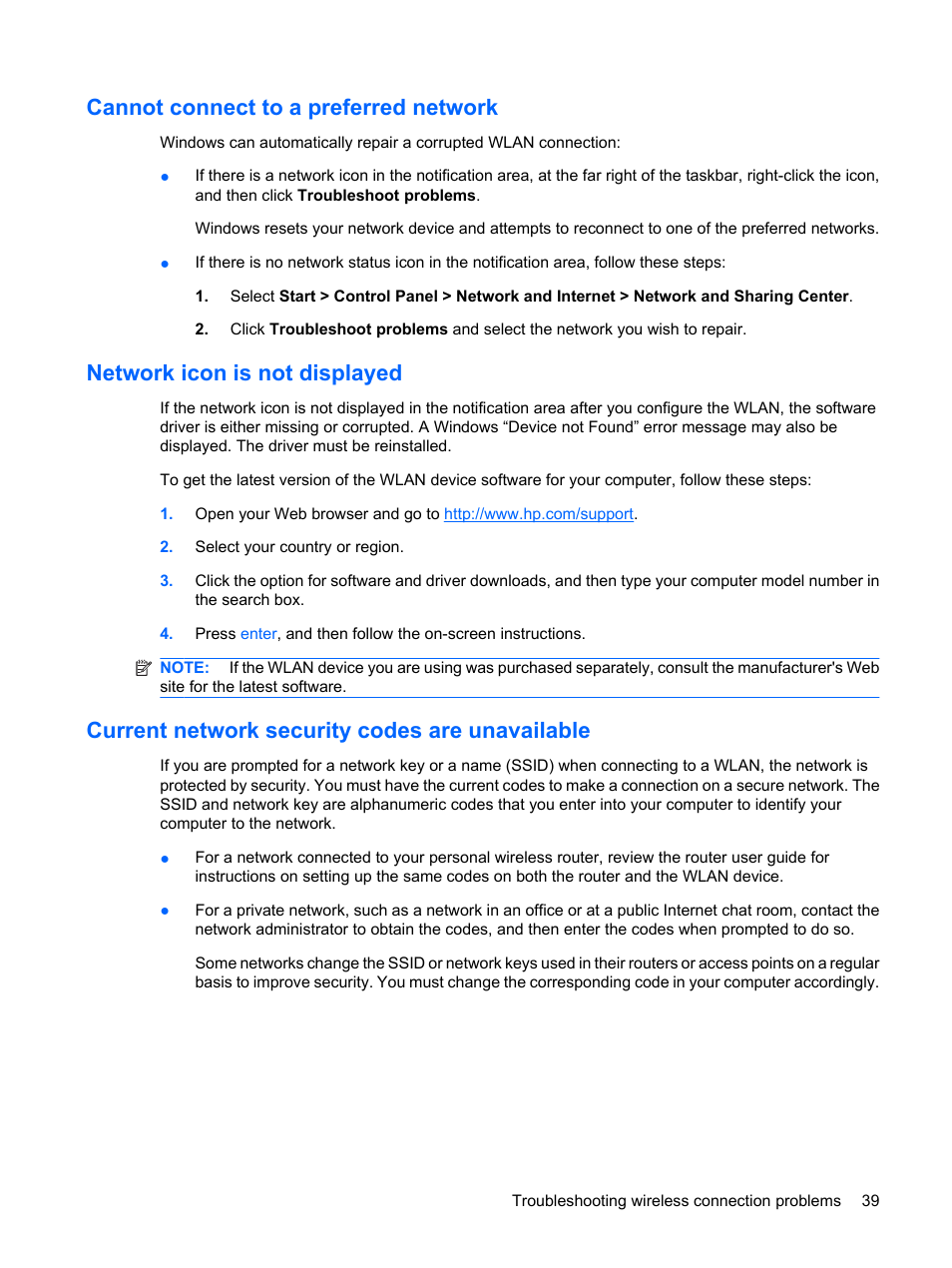 Cannot connect to a preferred network, Network icon is not displayed, Current network security codes are unavailable | HP Mini 5102 User Manual | Page 49 / 131