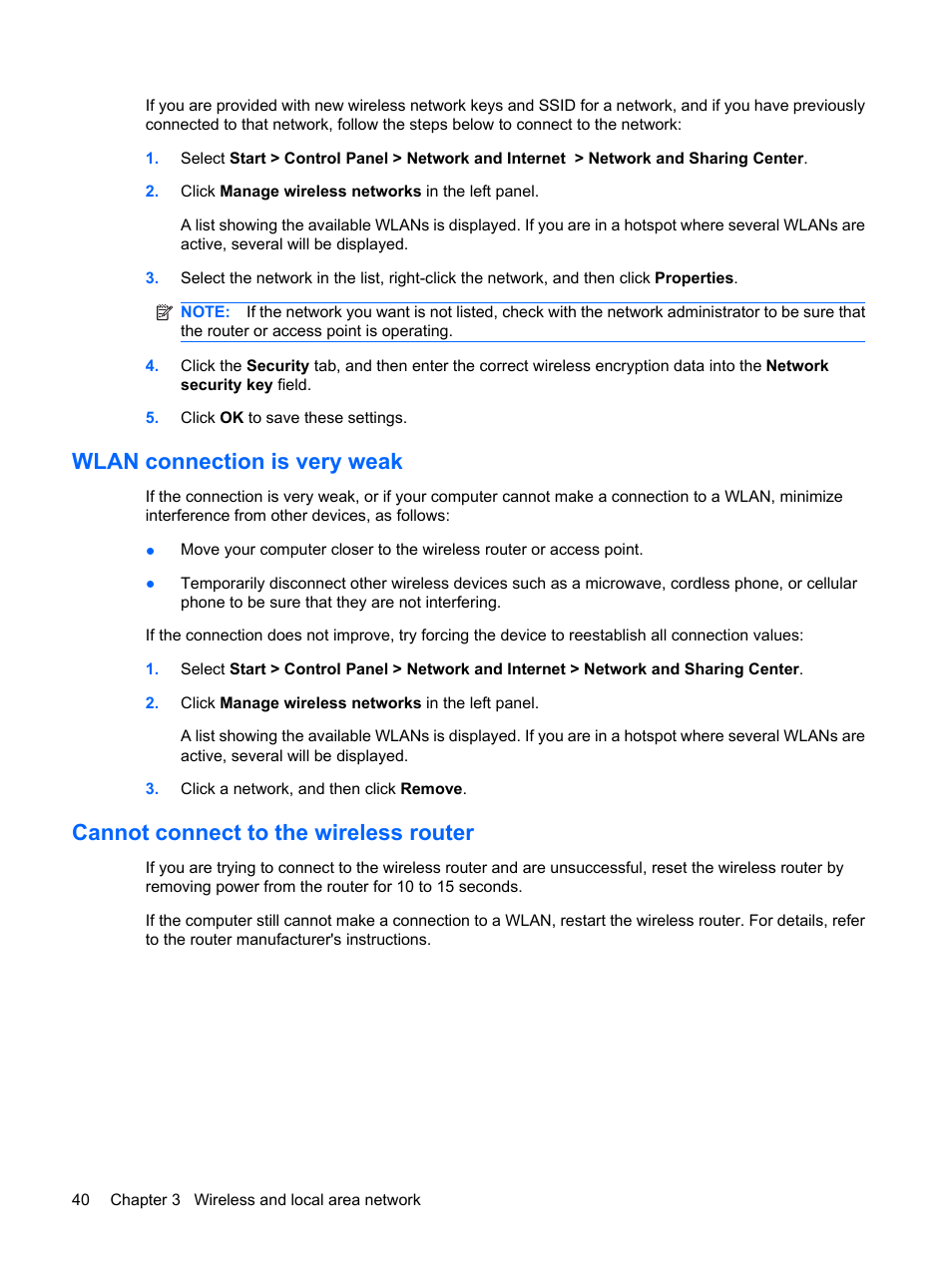 Wlan connection is very weak, Cannot connect to the wireless router | HP Mini 5102 User Manual | Page 50 / 131