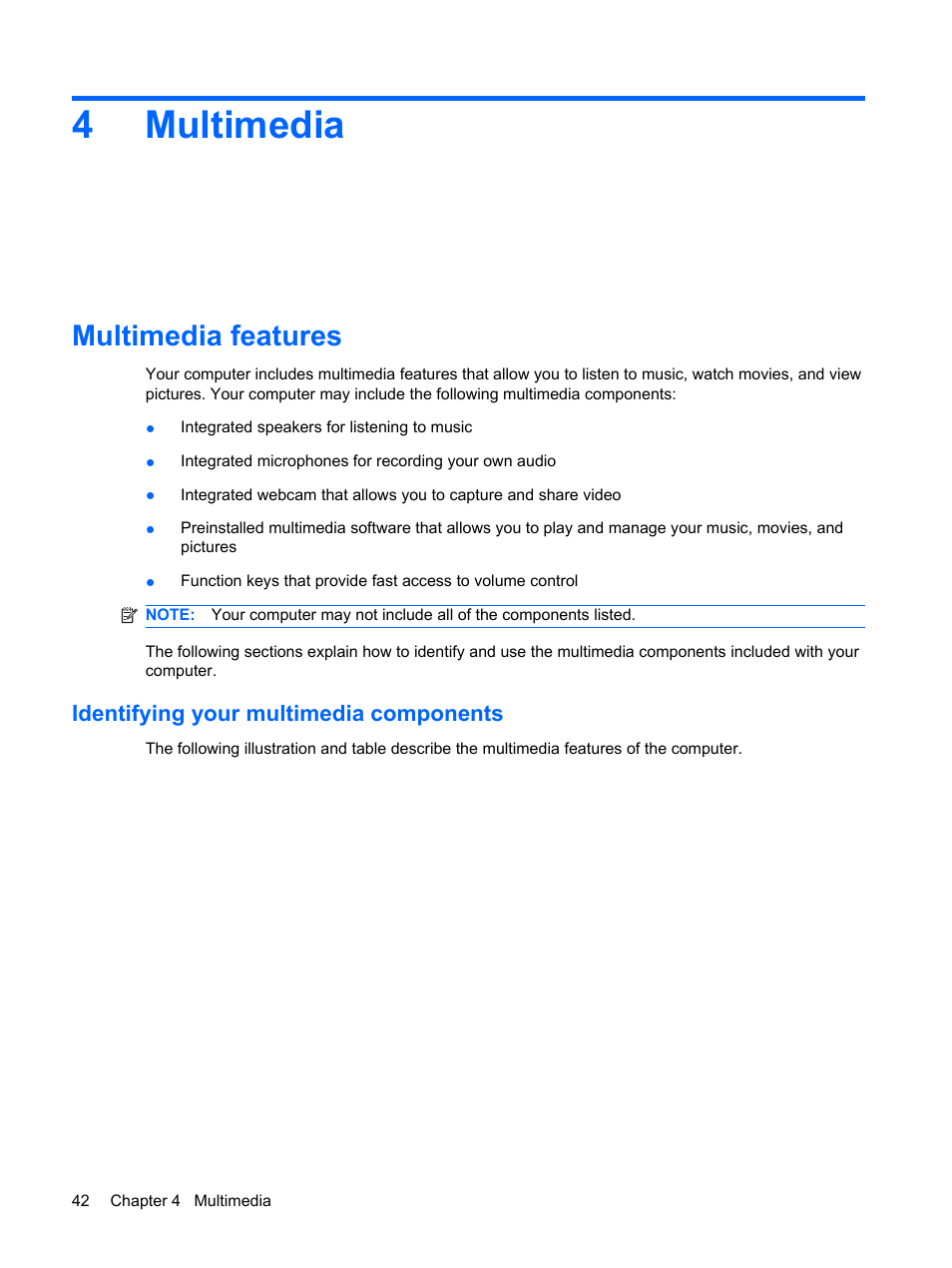 Multimedia, Multimedia features, Identifying your multimedia components | 4 multimedia, 4multimedia | HP Mini 5102 User Manual | Page 52 / 131