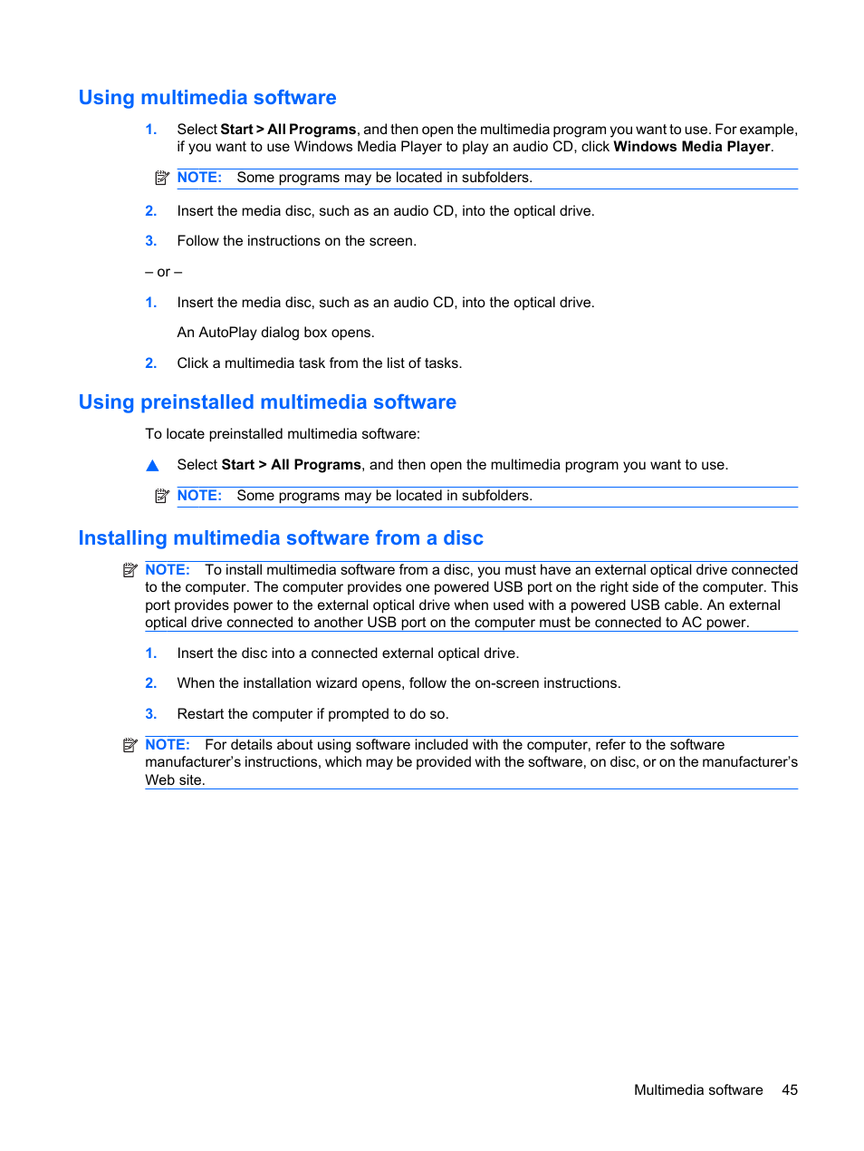 Using multimedia software, Using preinstalled multimedia software, Installing multimedia software from a disc | HP Mini 5102 User Manual | Page 55 / 131