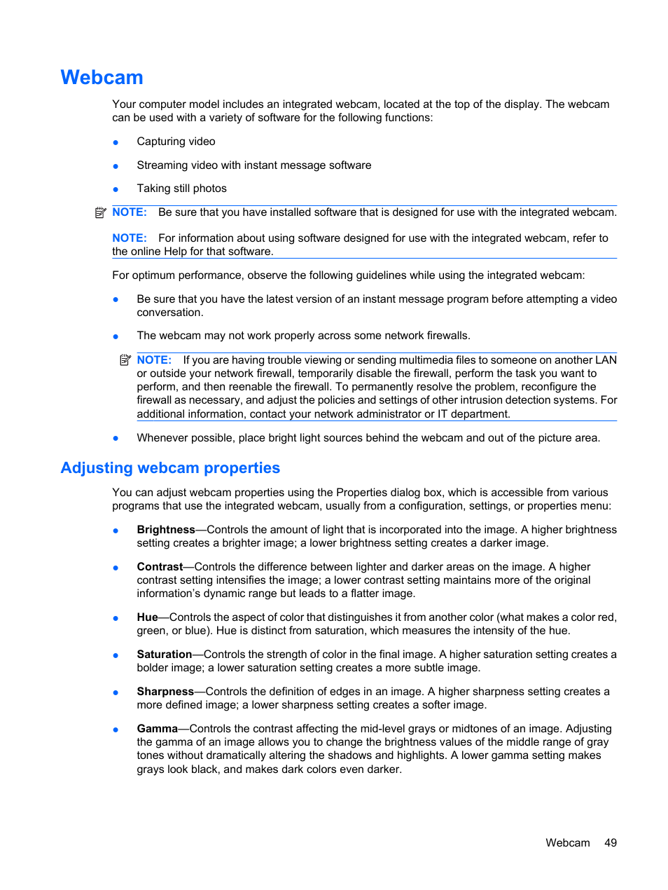 Webcam, Adjusting webcam properties | HP Mini 5102 User Manual | Page 59 / 131