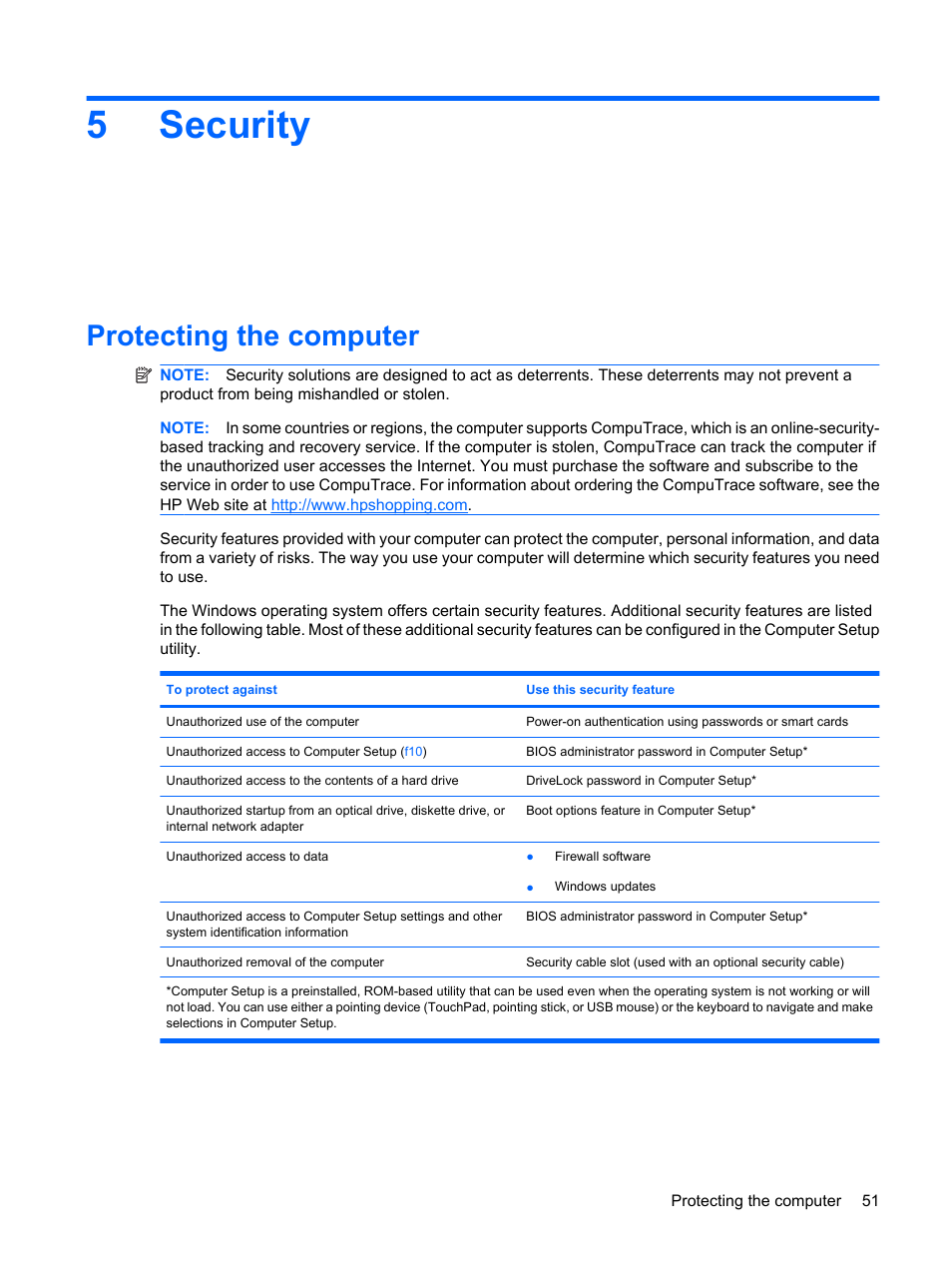 Security, Protecting the computer, 5 security | 5security | HP Mini 5102 User Manual | Page 61 / 131