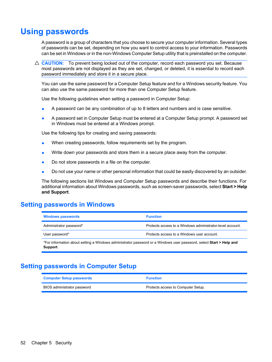 Using passwords, Setting passwords in windows, Setting passwords in computer setup | HP Mini 5102 User Manual | Page 62 / 131