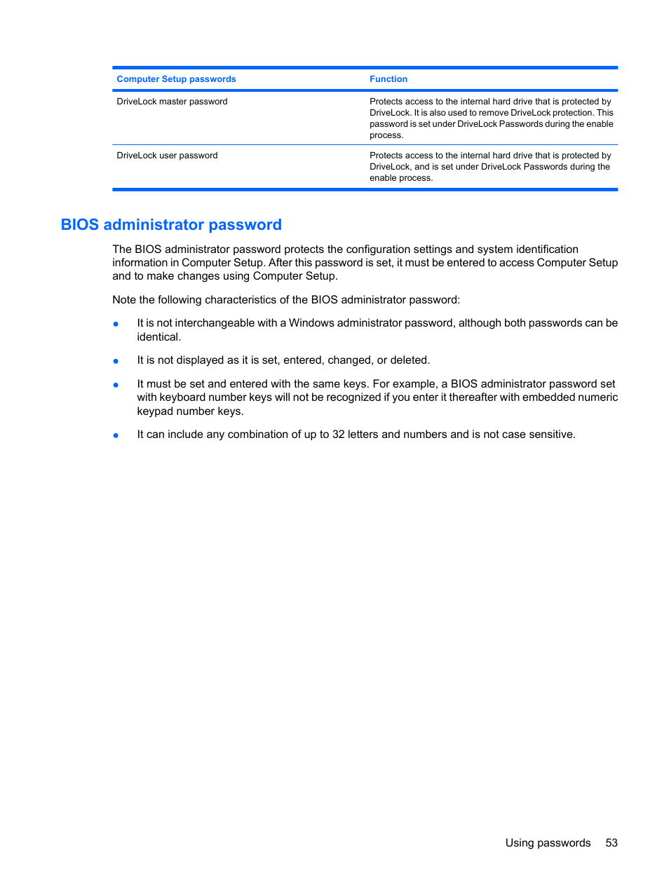 Bios administrator password | HP Mini 5102 User Manual | Page 63 / 131