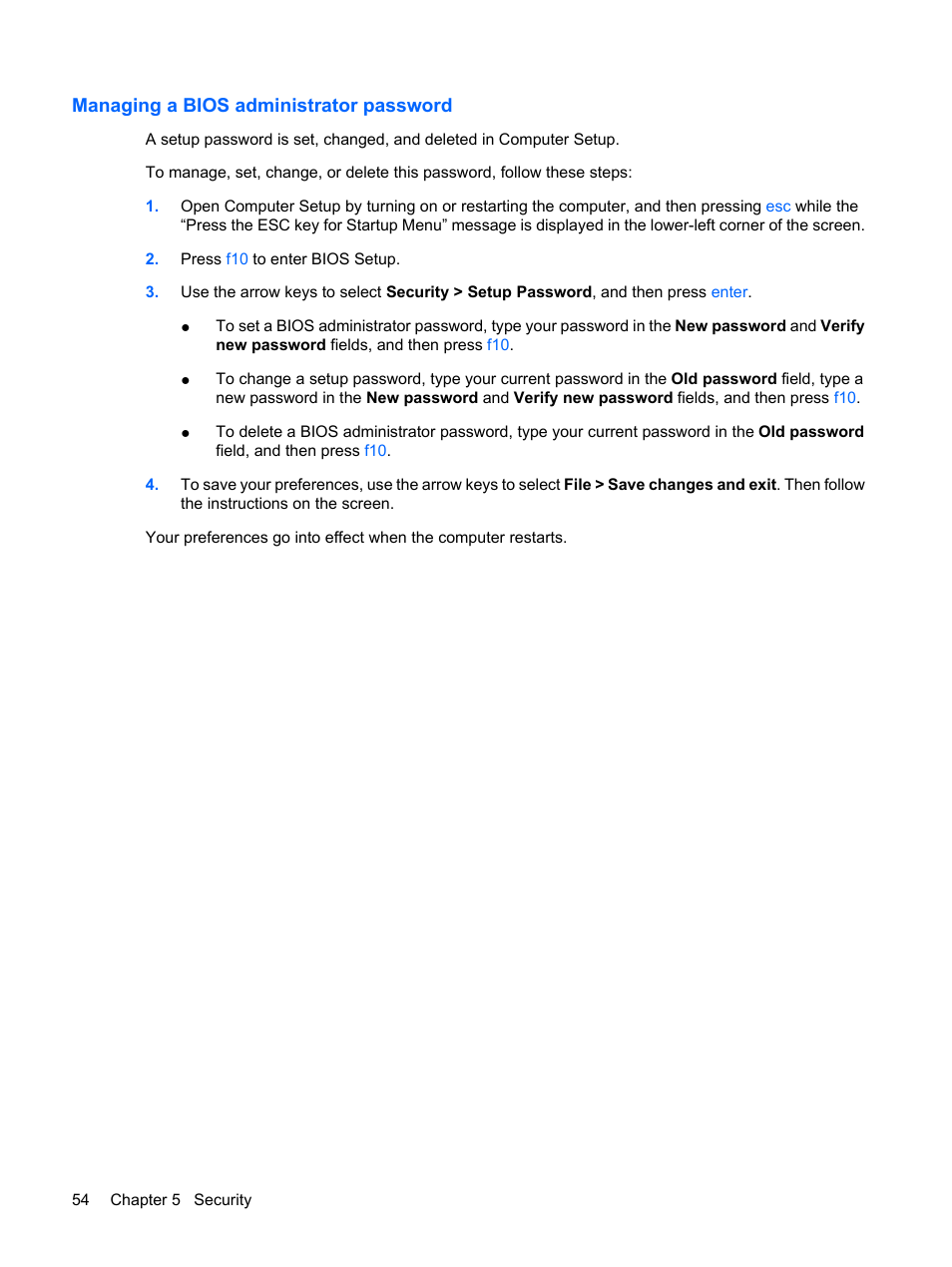 Managing a bios administrator password | HP Mini 5102 User Manual | Page 64 / 131