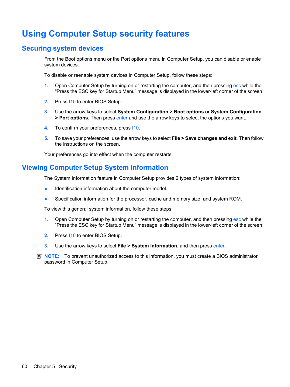 Using computer setup security features, Securing system devices, Viewing computer setup system information | HP Mini 5102 User Manual | Page 70 / 131