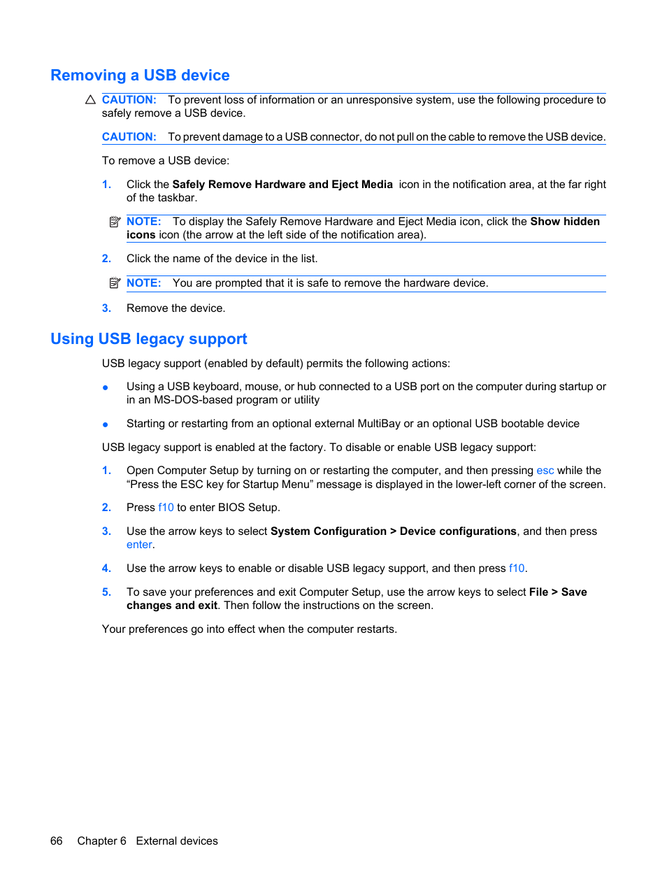 Removing a usb device, Using usb legacy support, Removing a usb device using usb legacy support | HP Mini 5102 User Manual | Page 76 / 131