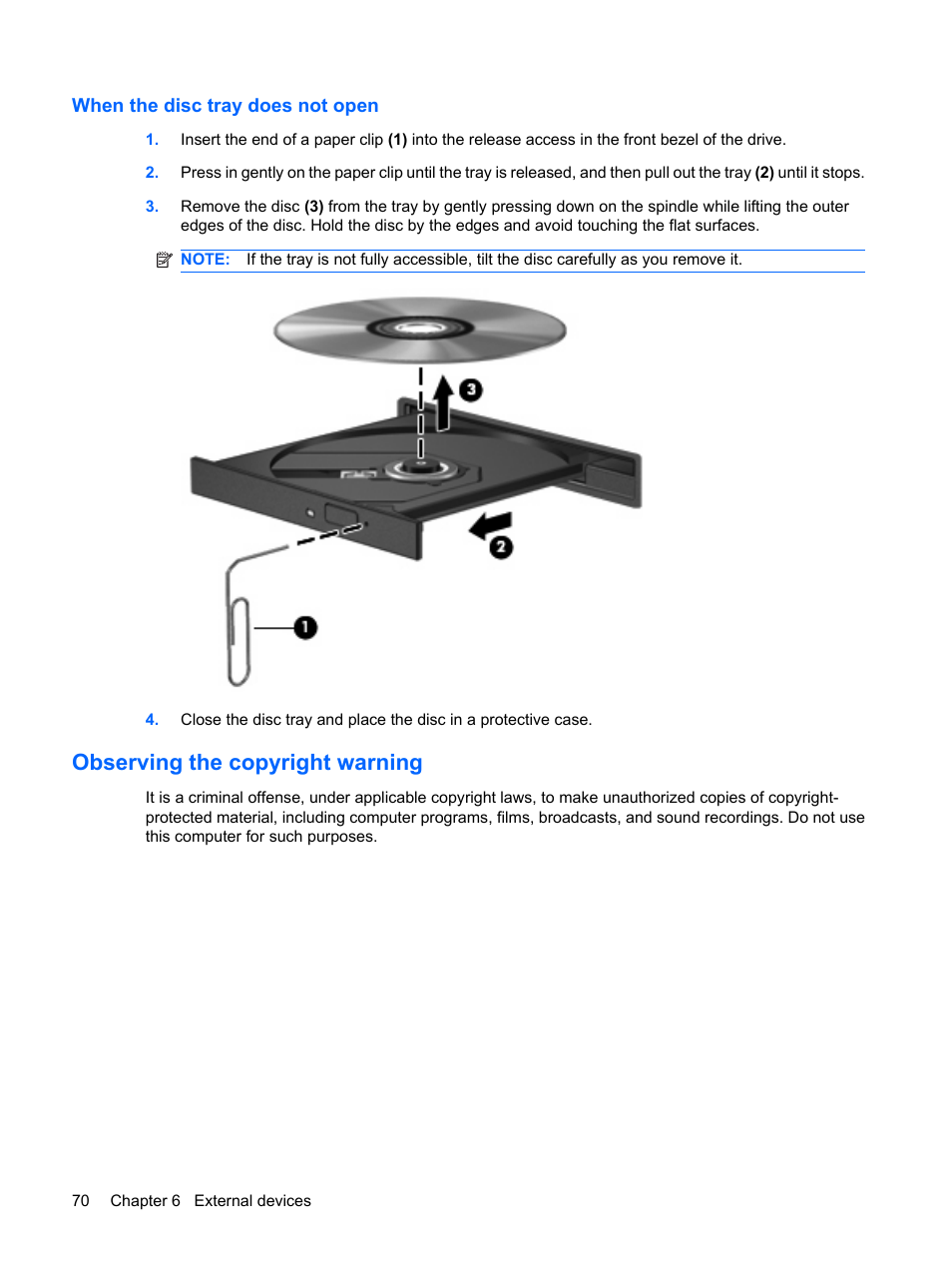 When the disc tray does not open, Observing the copyright warning | HP Mini 5102 User Manual | Page 80 / 131