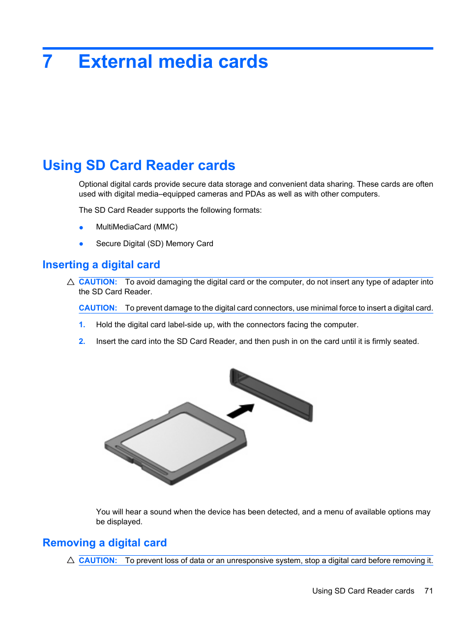 External media cards, Using sd card reader cards, Inserting a digital card | Removing a digital card, 7 external media cards, Inserting a digital card removing a digital card, 7external media cards | HP Mini 5102 User Manual | Page 81 / 131