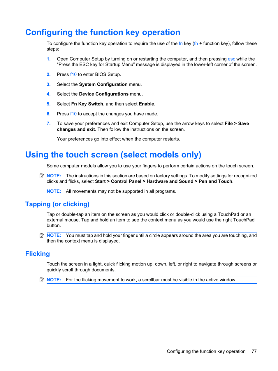Configuring the function key operation, Using the touch screen (select models only), Tapping (or clicking) | Flicking, Tapping (or clicking) flicking | HP Mini 5102 User Manual | Page 87 / 131