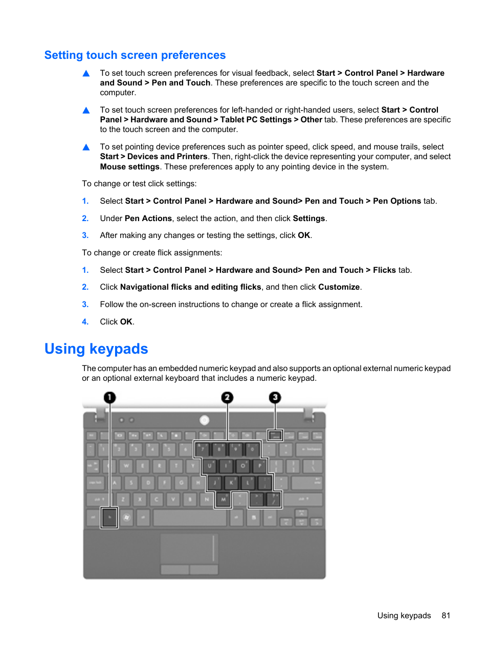 Setting touch screen preferences, Using keypads | HP Mini 5102 User Manual | Page 91 / 131