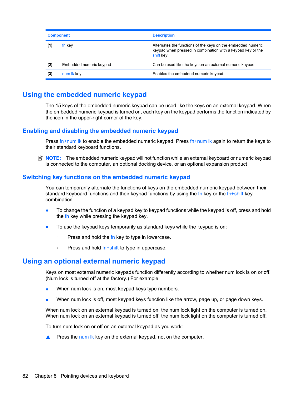 Using the embedded numeric keypad, Enabling and disabling the embedded numeric keypad, Using an optional external numeric keypad | HP Mini 5102 User Manual | Page 92 / 131