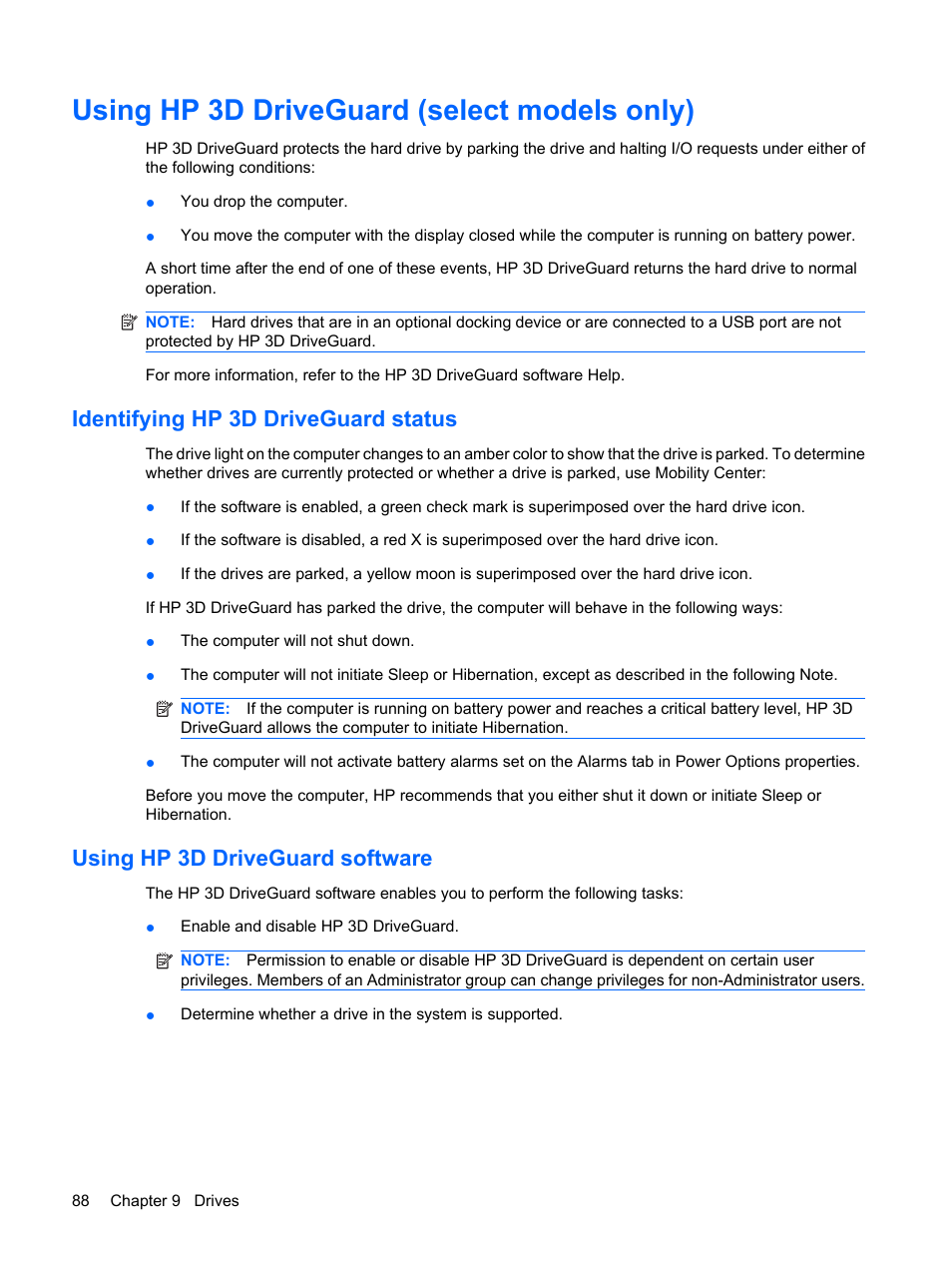 Using hp 3d driveguard (select models only), Identifying hp 3d driveguard status, Using hp 3d driveguard software | HP Mini 5102 User Manual | Page 98 / 131