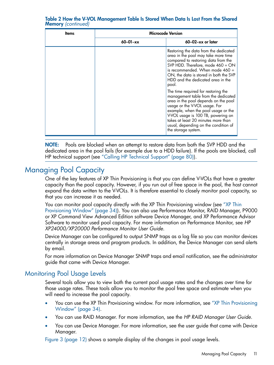 Managing pool capacity, Monitoring pool usage levels | HP StorageWorks XP Remote Web Console Software User Manual | Page 11 / 87