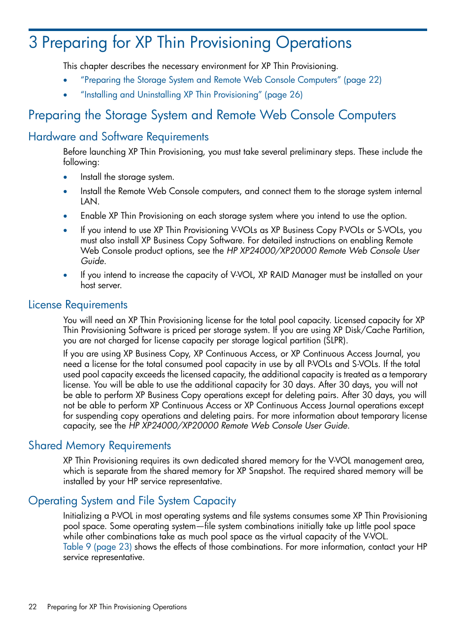 3 preparing for xp thin provisioning operations, Hardware and software requirements, License requirements | Shared memory requirements, Operating system and file system capacity | HP StorageWorks XP Remote Web Console Software User Manual | Page 22 / 87