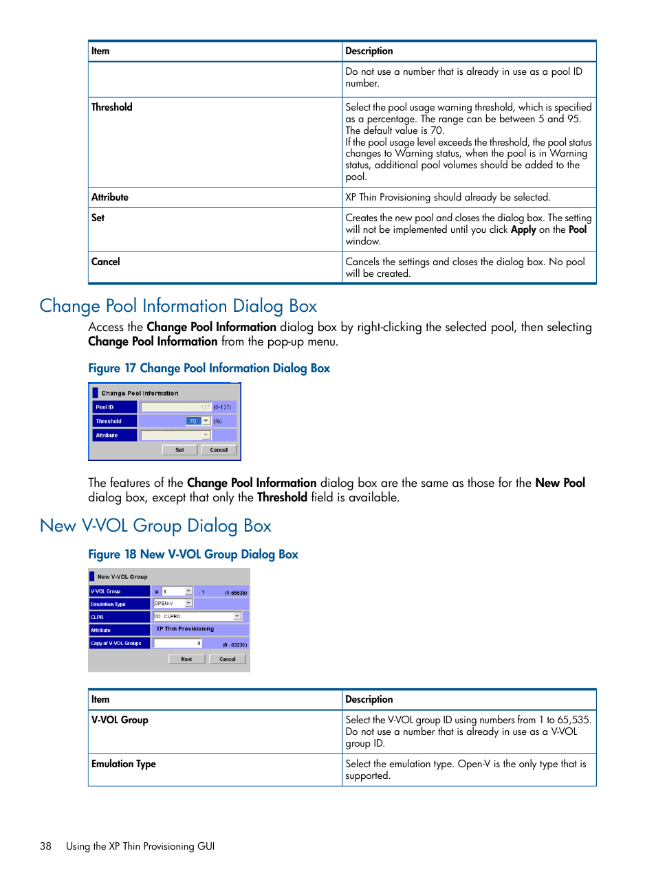 Change pool information dialog box, New v-vol group dialog box | HP StorageWorks XP Remote Web Console Software User Manual | Page 38 / 87