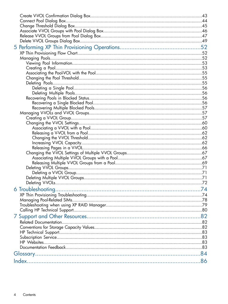 5 performing xp thin provisioning operations, 6 troubleshooting, 7 support and other resources | Glossary index | HP StorageWorks XP Remote Web Console Software User Manual | Page 4 / 87