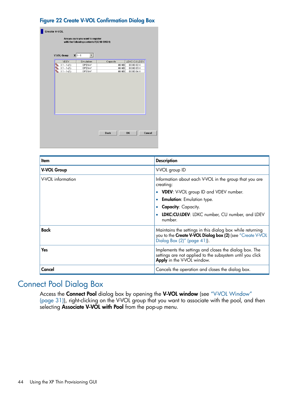 Connect pool dialog box, Create v-vol | HP StorageWorks XP Remote Web Console Software User Manual | Page 44 / 87