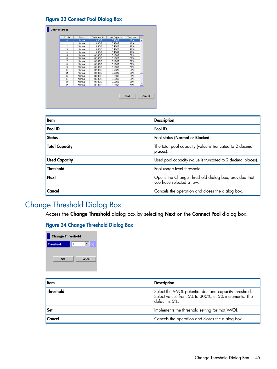 Change threshold dialog box | HP StorageWorks XP Remote Web Console Software User Manual | Page 45 / 87