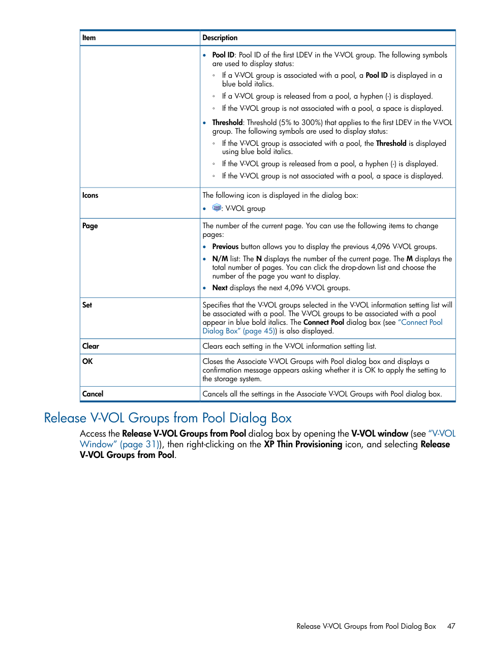 Release v-vol groups from pool dialog box | HP StorageWorks XP Remote Web Console Software User Manual | Page 47 / 87