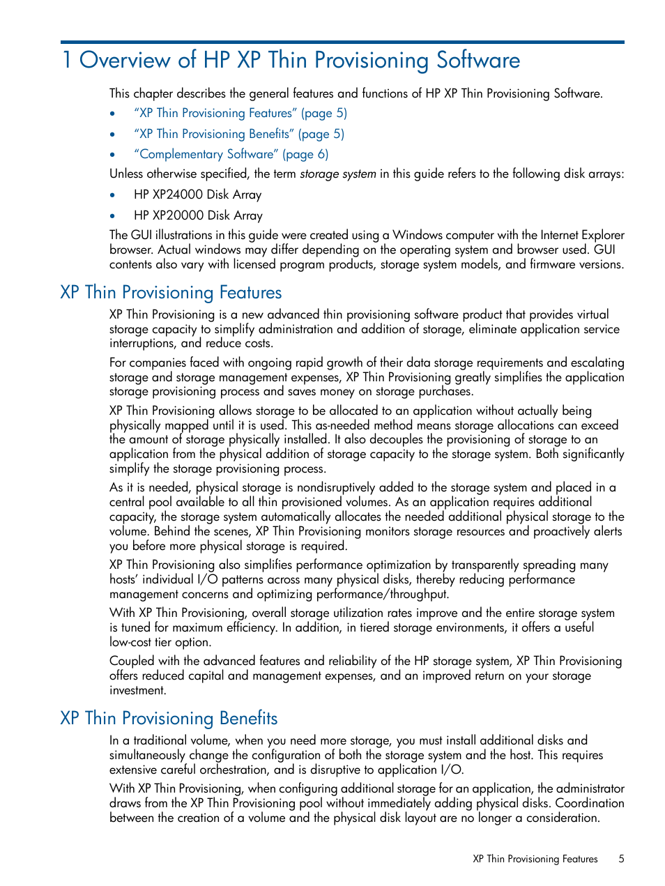 1 overview of hp xp thin provisioning software, Xp thin provisioning features, Xp thin provisioning benefits | HP StorageWorks XP Remote Web Console Software User Manual | Page 5 / 87