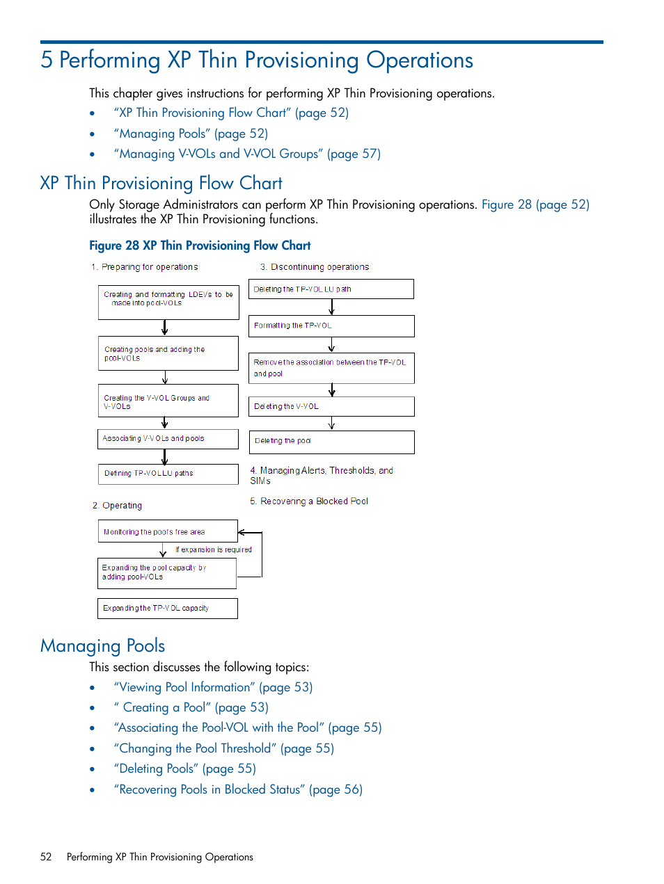 5 performing xp thin provisioning operations, Xp thin provisioning flow chart, Managing pools | Xp thin provisioning flow chart managing pools | HP StorageWorks XP Remote Web Console Software User Manual | Page 52 / 87