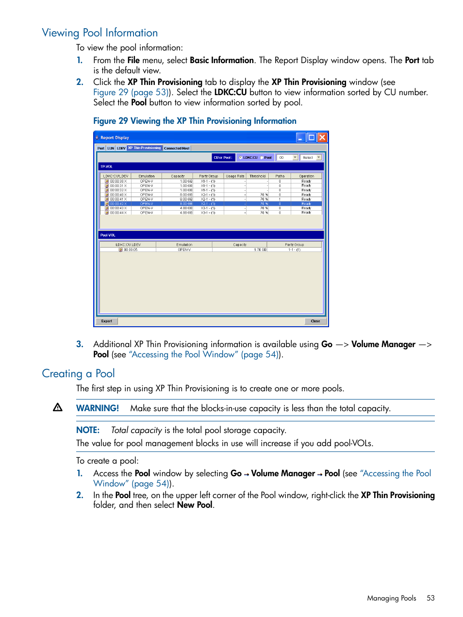 Viewing pool information, Creating a pool, Viewing pool information creating a pool | HP StorageWorks XP Remote Web Console Software User Manual | Page 53 / 87