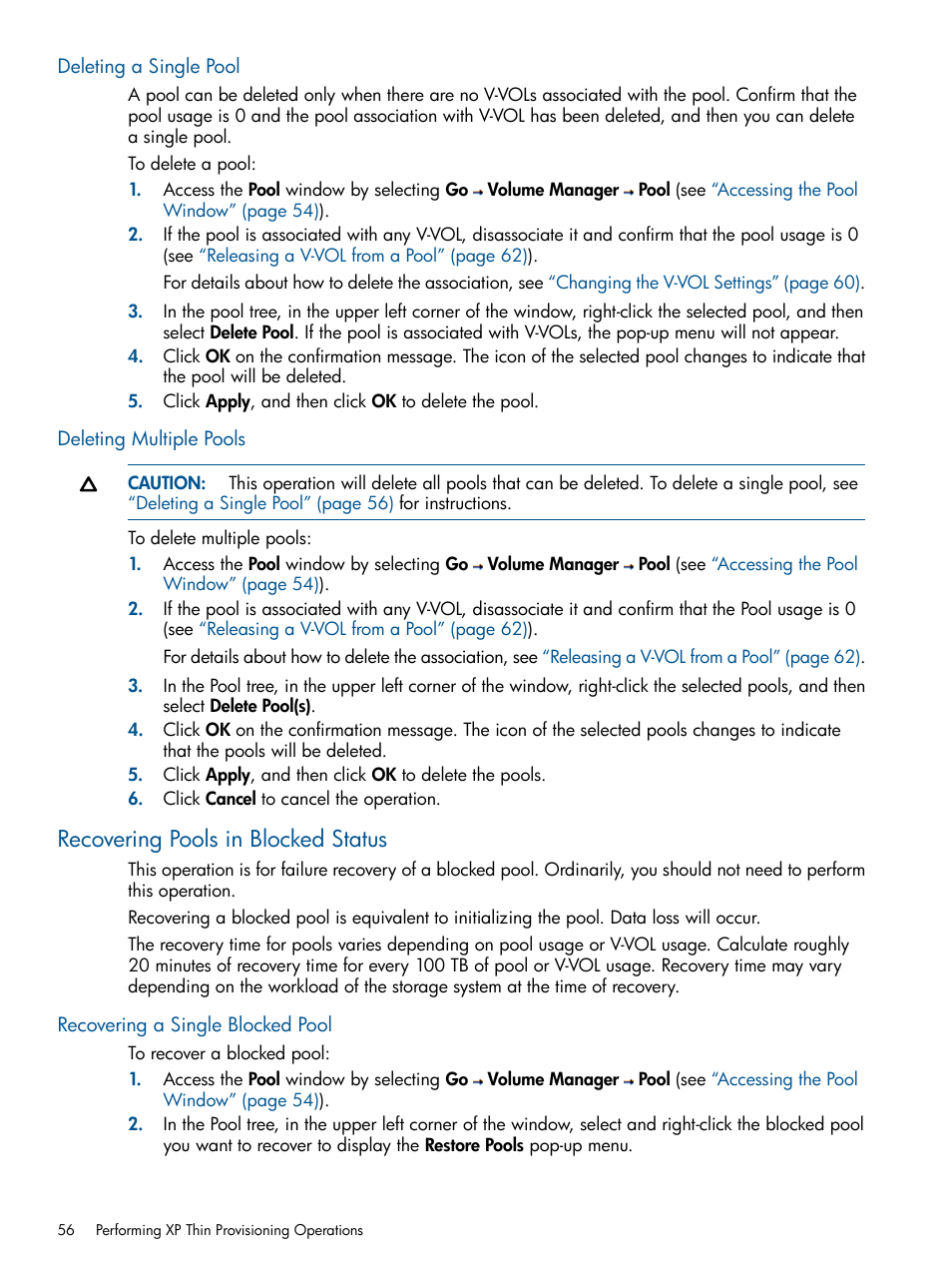Deleting a single pool, Deleting multiple pools, Recovering pools in blocked status | Recovering a single blocked pool, Deleting a single pool deleting multiple pools | HP StorageWorks XP Remote Web Console Software User Manual | Page 56 / 87