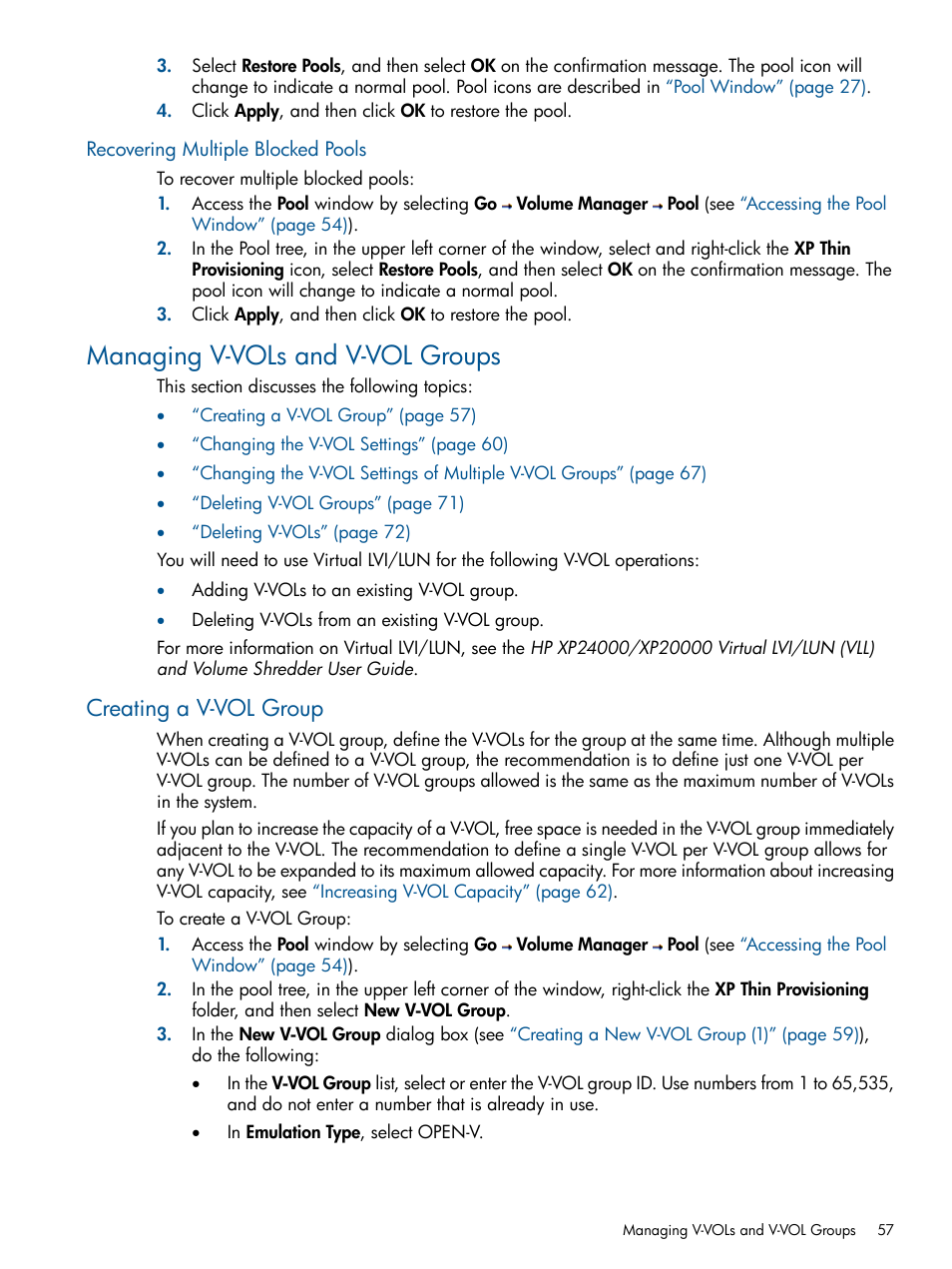 Recovering multiple blocked pools, Managing v-vols and v-vol groups, Creating a v-vol group | HP StorageWorks XP Remote Web Console Software User Manual | Page 57 / 87