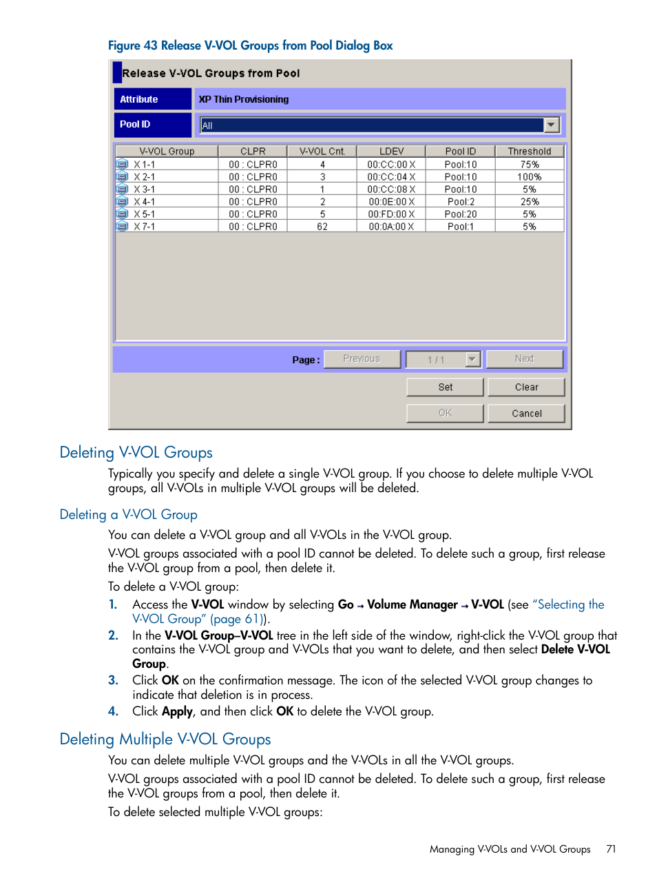 Deleting v-vol groups, Deleting a v-vol group, Deleting multiple v-vol groups | HP StorageWorks XP Remote Web Console Software User Manual | Page 71 / 87