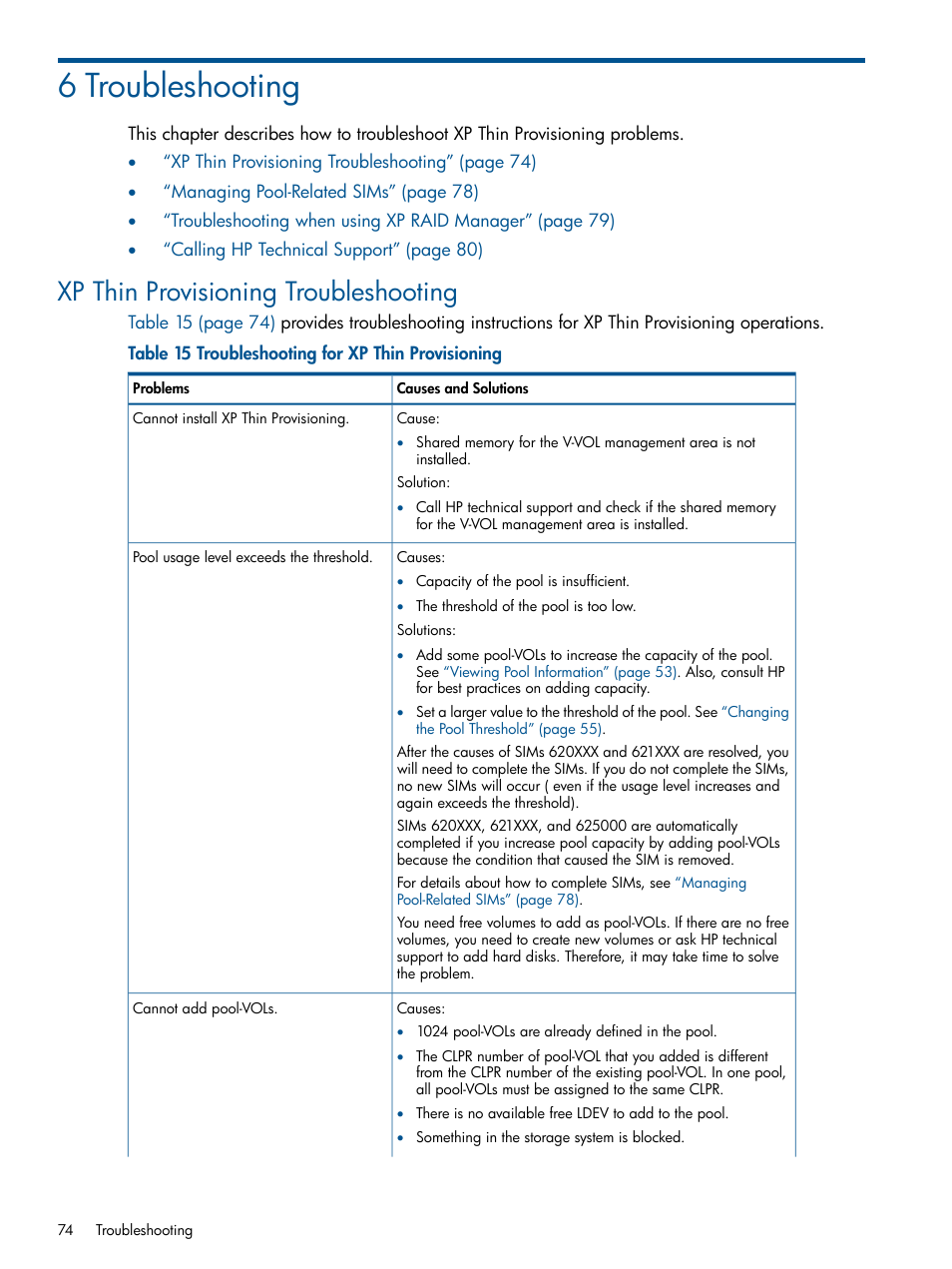 6 troubleshooting, Xp thin provisioning troubleshooting | HP StorageWorks XP Remote Web Console Software User Manual | Page 74 / 87