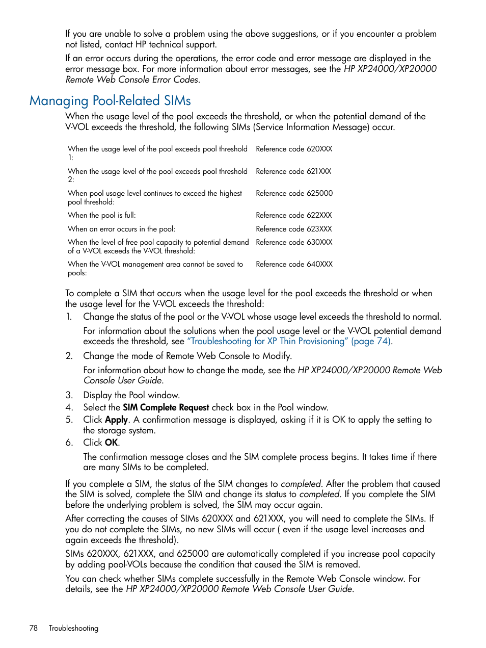 Managing pool-related sims, Managing | HP StorageWorks XP Remote Web Console Software User Manual | Page 78 / 87