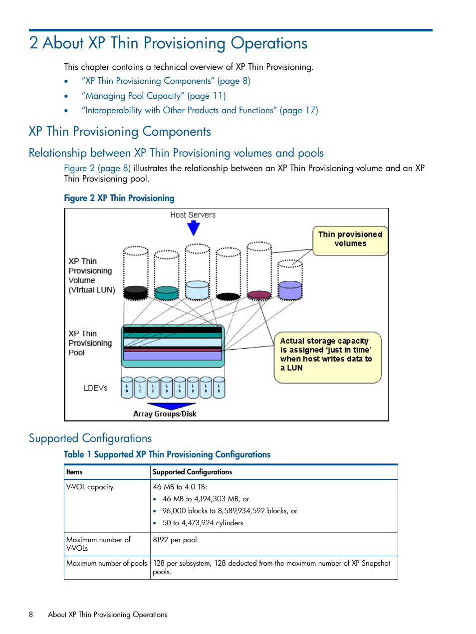 2 about xp thin provisioning operations, Xp thin provisioning components, Supported configurations | HP StorageWorks XP Remote Web Console Software User Manual | Page 8 / 87