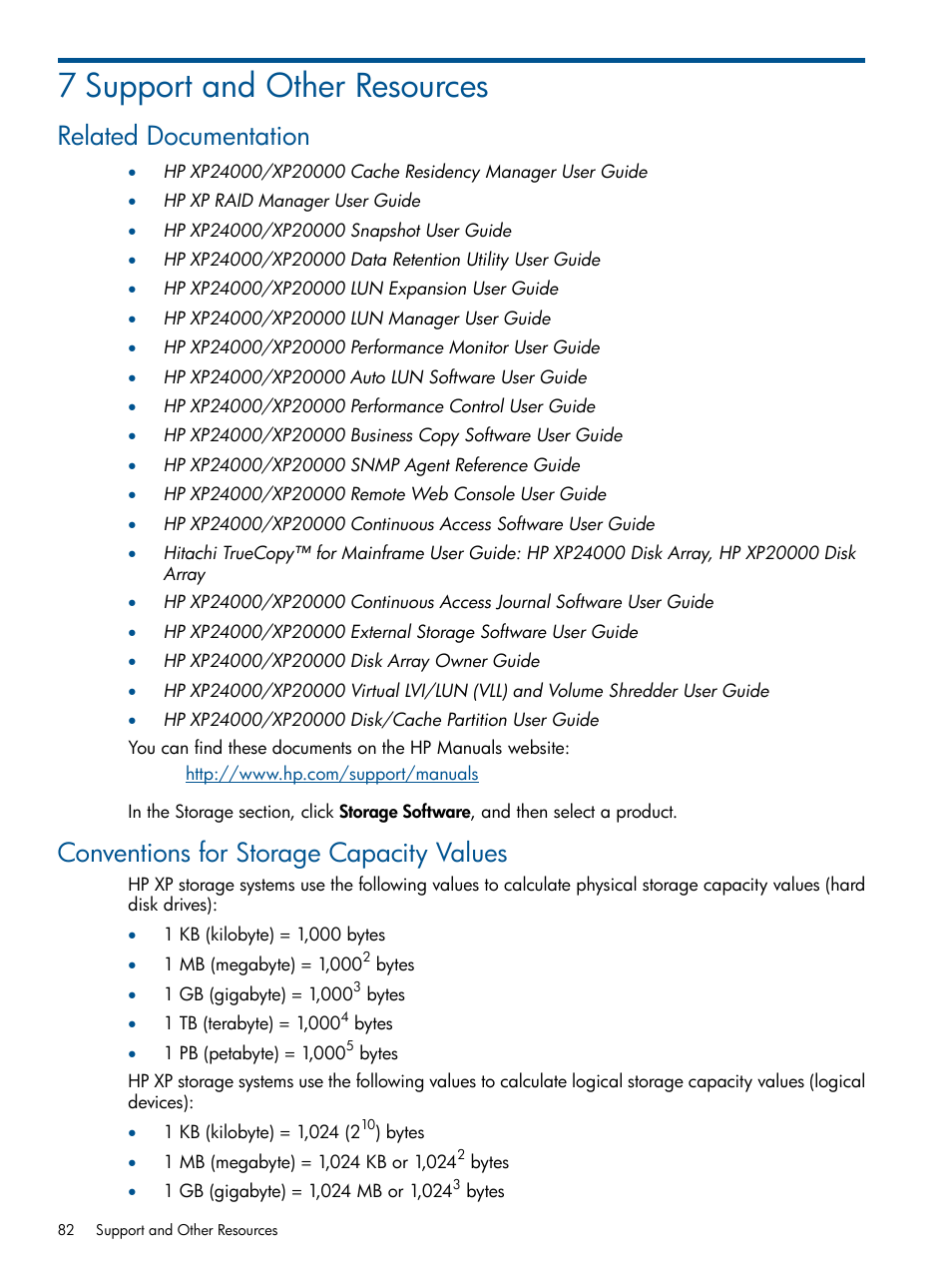 7 support and other resources, Related documentation, Conventions for storage capacity values | HP StorageWorks XP Remote Web Console Software User Manual | Page 82 / 87