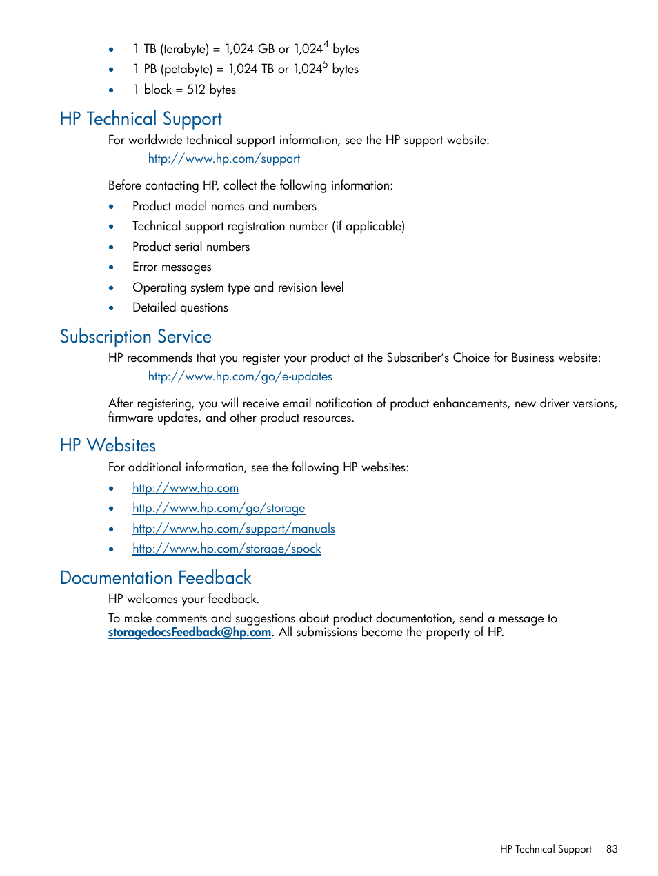 Hp technical support, Subscription service, Hp websites | Documentation feedback | HP StorageWorks XP Remote Web Console Software User Manual | Page 83 / 87