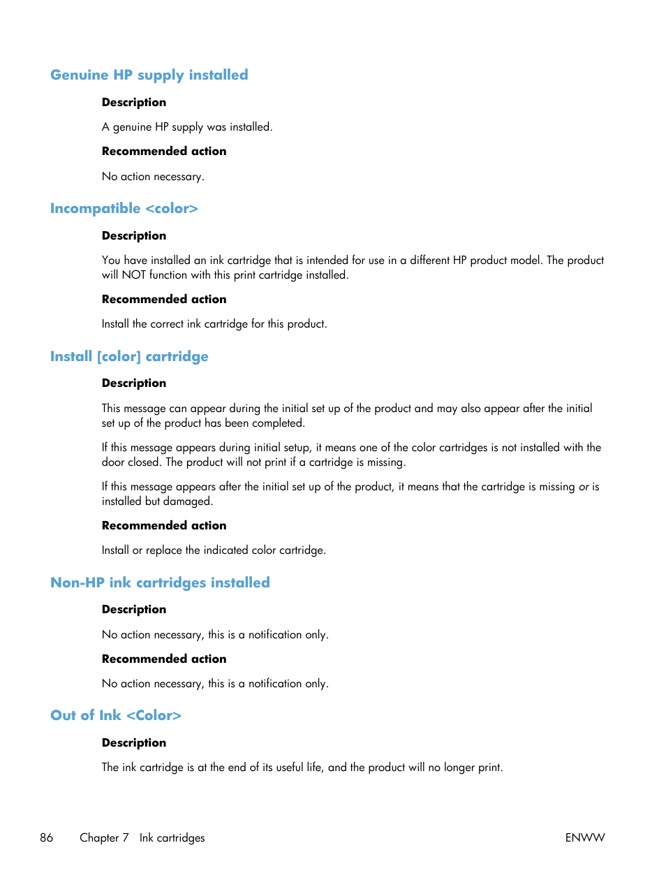 Genuine hp supply installed, Incompatible <color, Install [color] cartridge | Non-hp ink cartridges installed, Out of ink <color | HP Officejet Pro X576 Multifunction Printer series User Manual | Page 102 / 336